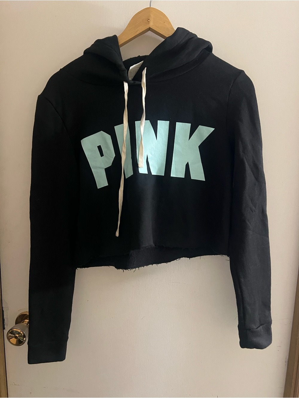 PINK Victoria's Secret Black Cropped Hoodie with Turquoise Logo